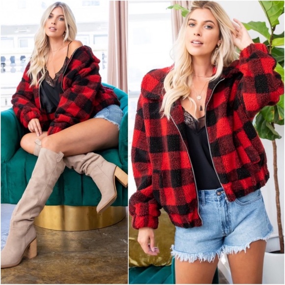 NEW Buffalo Plaid Deep Red Black Warm Lined Bomber Zippered Jacket - Picture 3 of 4